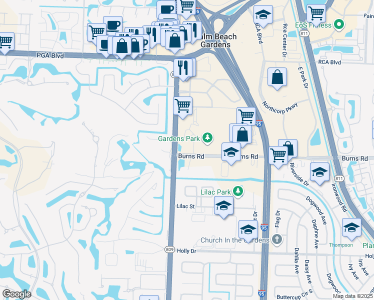 map of restaurants, bars, coffee shops, grocery stores, and more near 10500 North Military Trail in Palm Beach Gardens