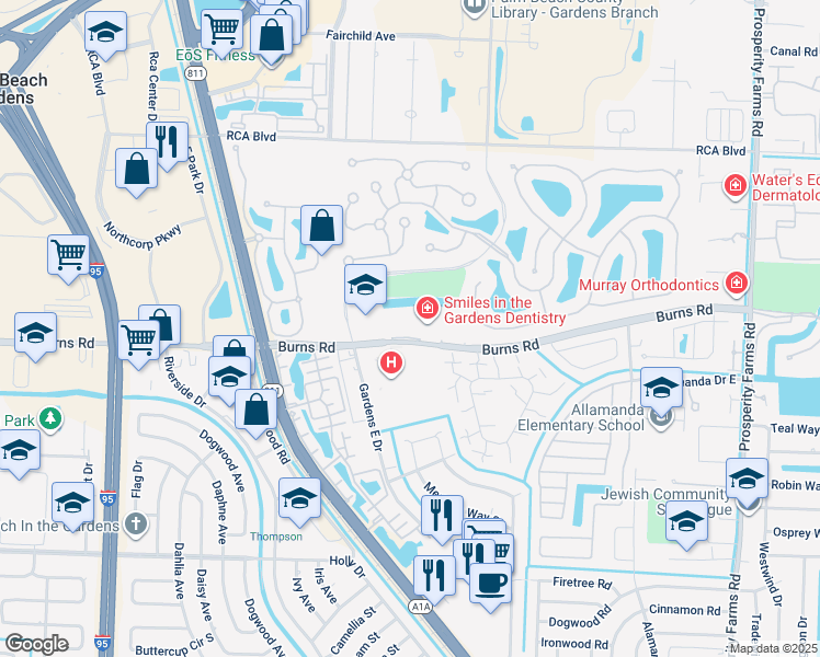 map of restaurants, bars, coffee shops, grocery stores, and more near 3375 Burns Road in Palm Beach Gardens