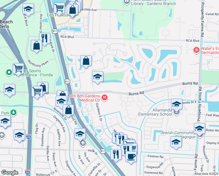 map of restaurants, bars, coffee shops, grocery stores, and more near 3375 Burns Road in Palm Beach Gardens