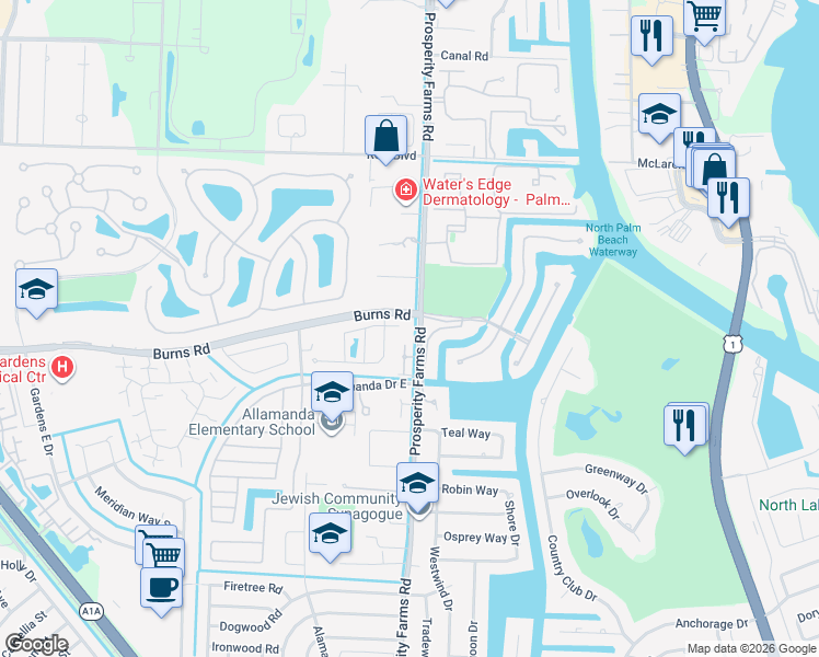 map of restaurants, bars, coffee shops, grocery stores, and more near 1007 Raintree Lane in Palm Beach Gardens