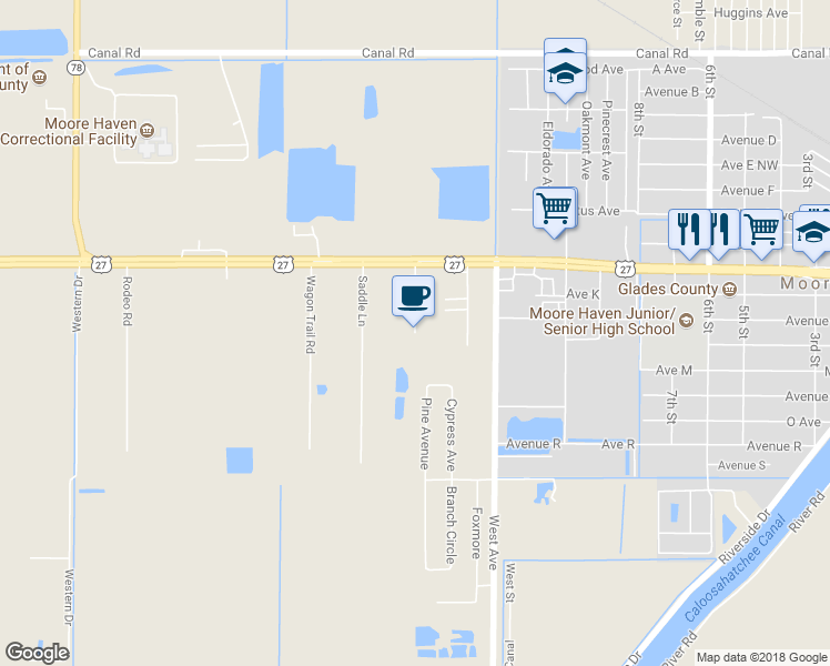map of restaurants, bars, coffee shops, grocery stores, and more near 101 Pony Place in Moore Haven