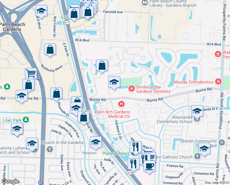 map of restaurants, bars, coffee shops, grocery stores, and more near 3395 Burns Road in Palm Beach Gardens