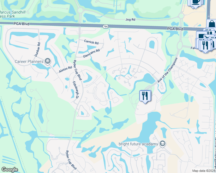 map of restaurants, bars, coffee shops, grocery stores, and more near 121 Bracken Wood Cove in Palm Beach Gardens