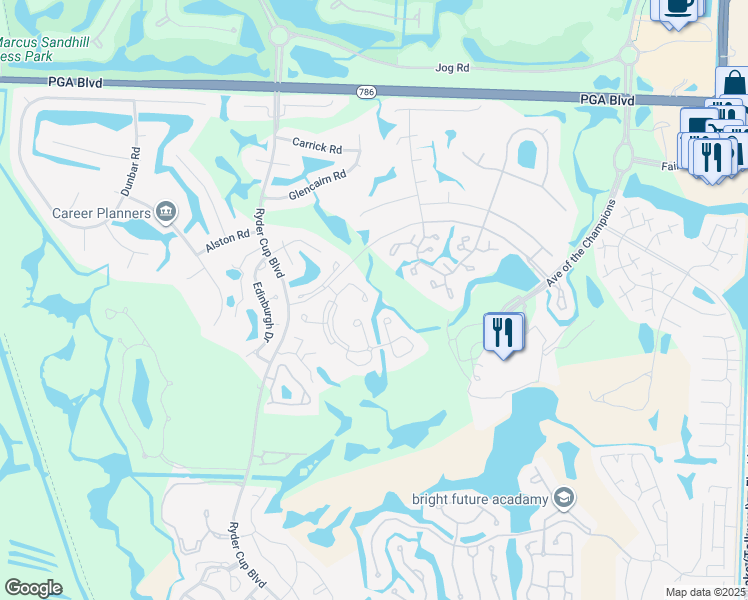 map of restaurants, bars, coffee shops, grocery stores, and more near 121 Bracken Wood Cove in Palm Beach Gardens