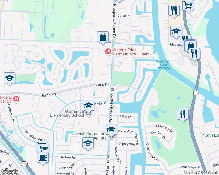 map of restaurants, bars, coffee shops, grocery stores, and more near 2507 Burns Road in Palm Beach Gardens