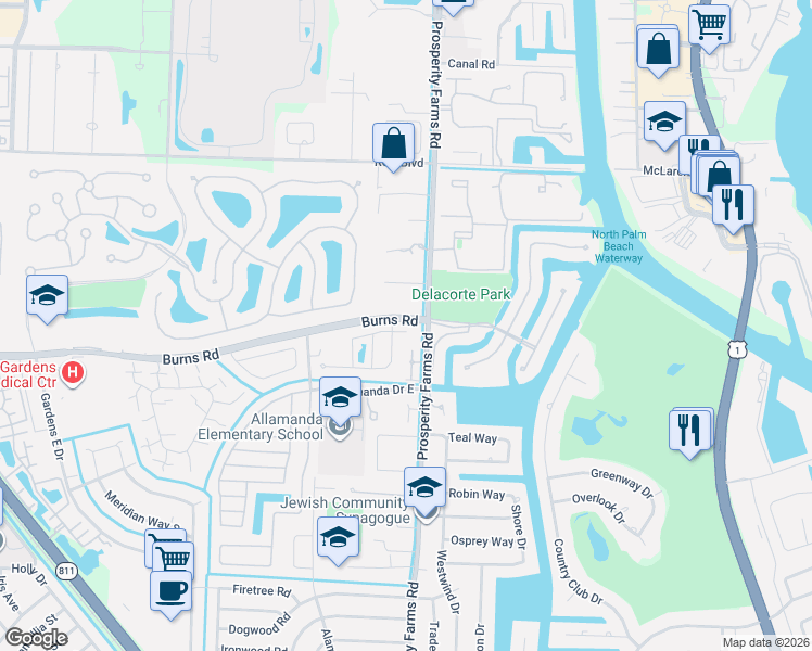 map of restaurants, bars, coffee shops, grocery stores, and more near 2507 Burns Road in Palm Beach Gardens