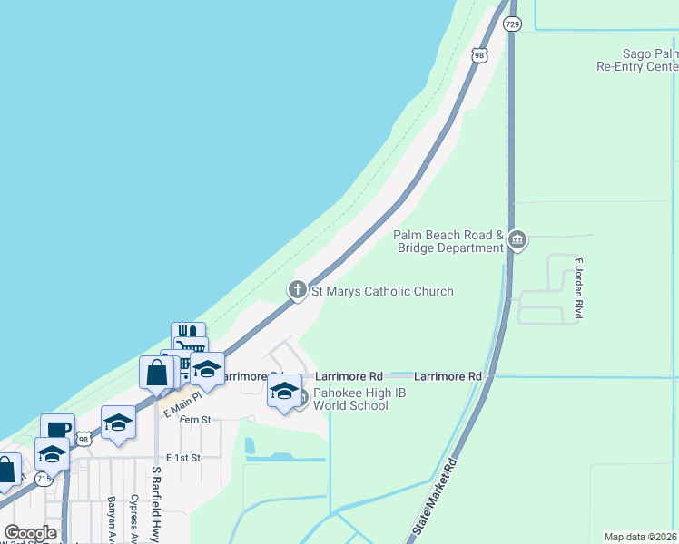 map of restaurants, bars, coffee shops, grocery stores, and more near 1548 East Main Street in Pahokee