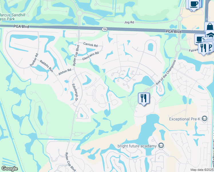 map of restaurants, bars, coffee shops, grocery stores, and more near 121 Bracken Wood Cove in Palm Beach Gardens