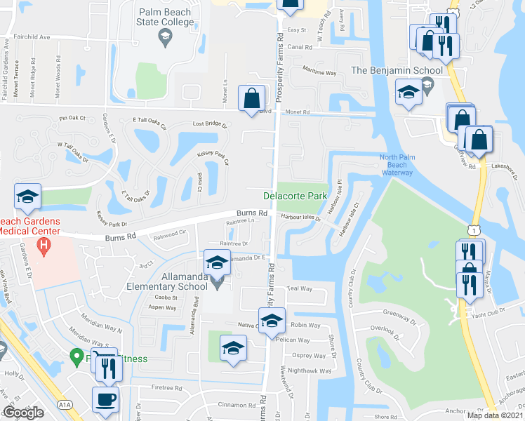 map of restaurants, bars, coffee shops, grocery stores, and more near 2507 Burns Road in Palm Beach Gardens