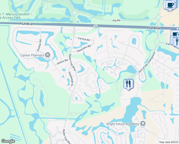 map of restaurants, bars, coffee shops, grocery stores, and more near 604 Bracken Wood Cove in Palm Beach Gardens