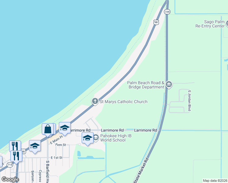 map of restaurants, bars, coffee shops, grocery stores, and more near 1548 East Main Street in Pahokee