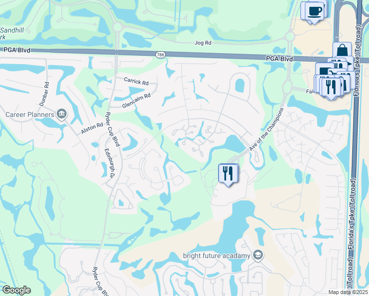 map of restaurants, bars, coffee shops, grocery stores, and more near 607 Club Drive in Palm Beach Gardens