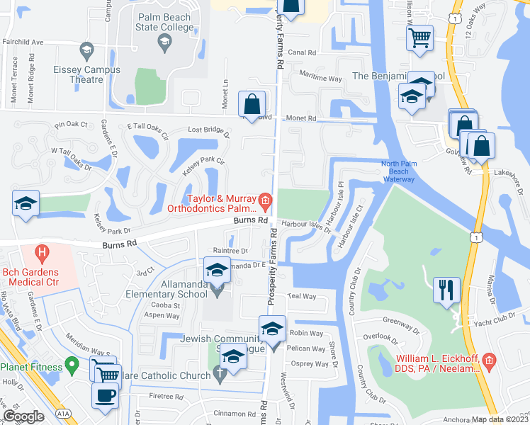 map of restaurants, bars, coffee shops, grocery stores, and more near 2501 Burns Road in Palm Beach Gardens