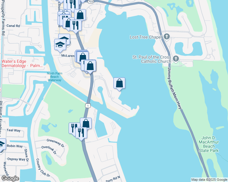 map of restaurants, bars, coffee shops, grocery stores, and more near 120 Lakeshore Drive in North Palm Beach