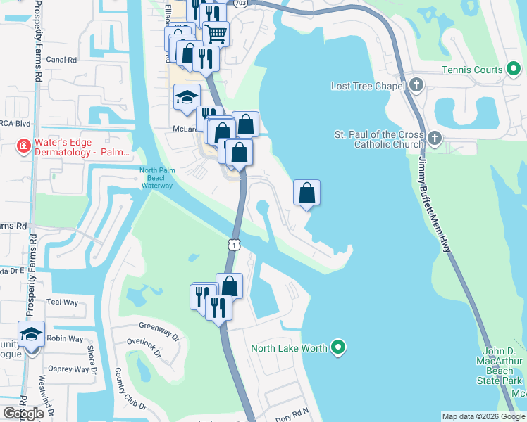 map of restaurants, bars, coffee shops, grocery stores, and more near 1149 Marine Way East in North Palm Beach