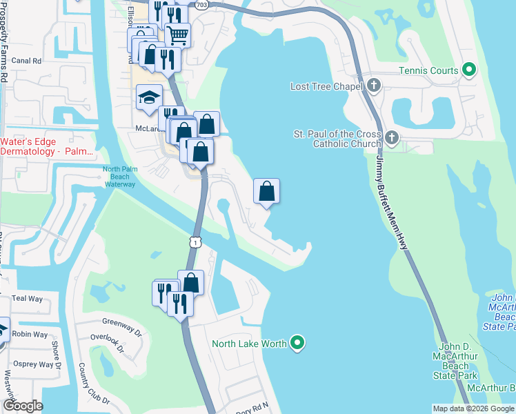 map of restaurants, bars, coffee shops, grocery stores, and more near 126 Lakeshore Drive in North Palm Beach