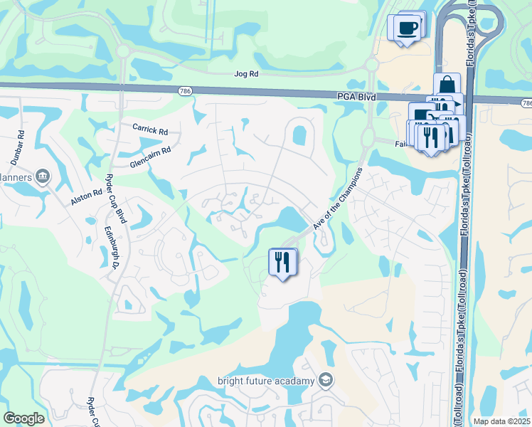 map of restaurants, bars, coffee shops, grocery stores, and more near 101 Club Drive in Palm Beach Gardens
