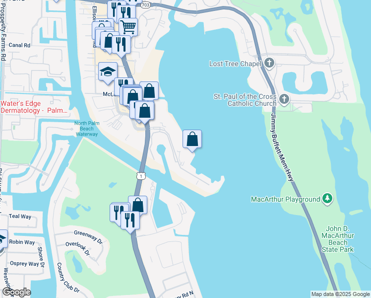 map of restaurants, bars, coffee shops, grocery stores, and more near 120 Lakeshore Drive in North Palm Beach