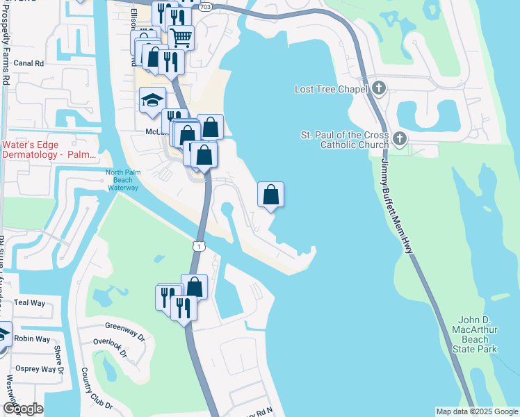 map of restaurants, bars, coffee shops, grocery stores, and more near 120 Lakeshore Drive in North Palm Beach