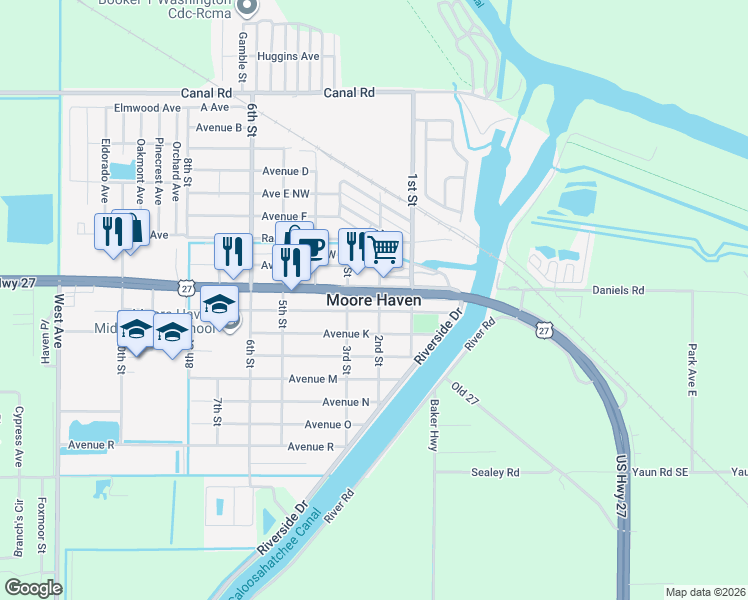 map of restaurants, bars, coffee shops, grocery stores, and more near in Moore Haven