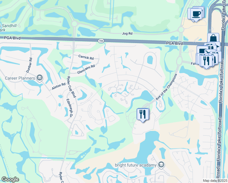 map of restaurants, bars, coffee shops, grocery stores, and more near 805 Club Drive in Palm Beach Gardens