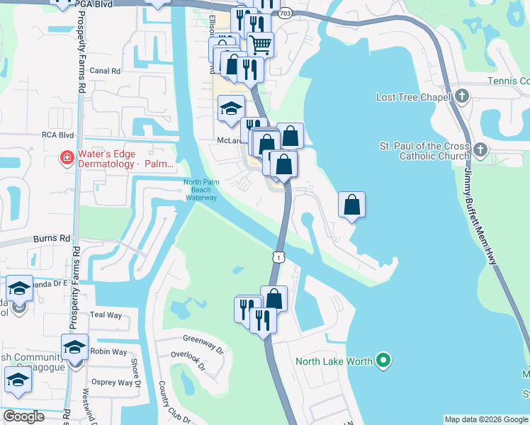 map of restaurants, bars, coffee shops, grocery stores, and more near 308 Golfview Road in North Palm Beach