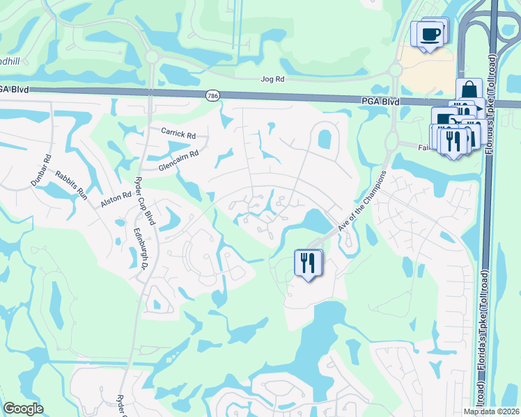 map of restaurants, bars, coffee shops, grocery stores, and more near 711 Club Drive in Palm Beach Gardens
