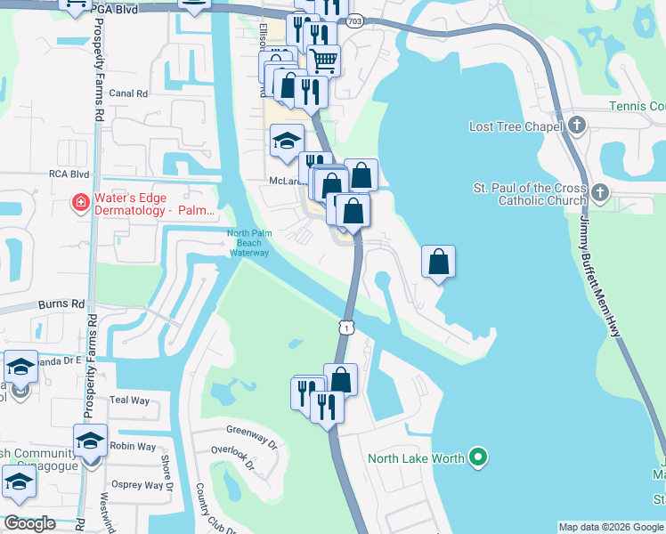 map of restaurants, bars, coffee shops, grocery stores, and more near 308 Golfview Road in North Palm Beach