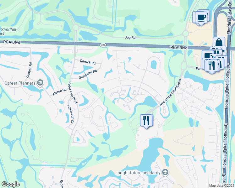 map of restaurants, bars, coffee shops, grocery stores, and more near 801 Club Drive in Palm Beach Gardens