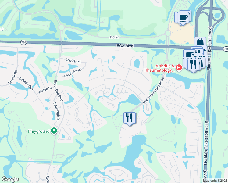 map of restaurants, bars, coffee shops, grocery stores, and more near 208 Club Drive in Palm Beach Gardens