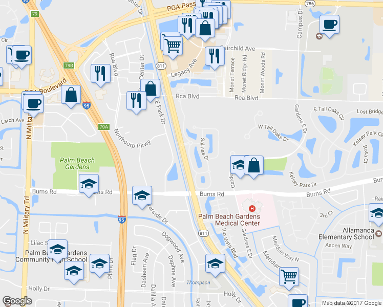 map of restaurants, bars, coffee shops, grocery stores, and more near 146 Santa Barbara Way in Palm Beach Gardens