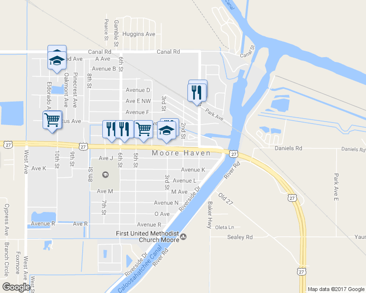 map of restaurants, bars, coffee shops, grocery stores, and more near Avenue I in Moore Haven
