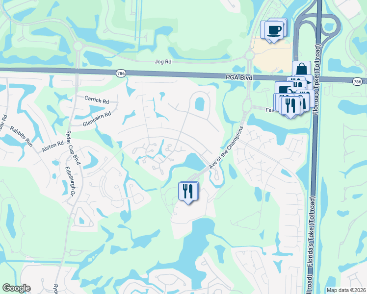 map of restaurants, bars, coffee shops, grocery stores, and more near 110 Club Drive in Palm Beach Gardens