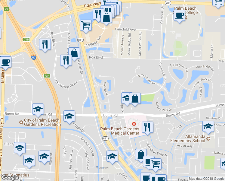 map of restaurants, bars, coffee shops, grocery stores, and more near 417 Capistrano Drive in Palm Beach Gardens