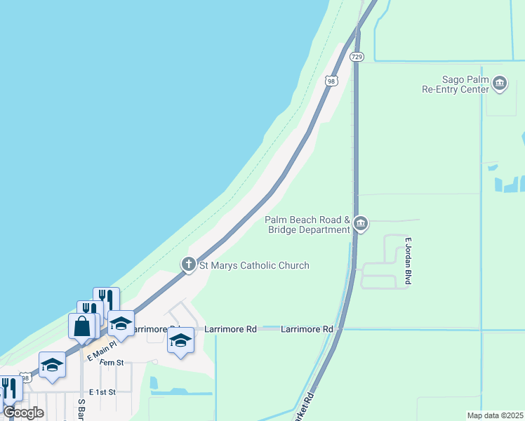 map of restaurants, bars, coffee shops, grocery stores, and more near 1750 East Main Street in Pahokee