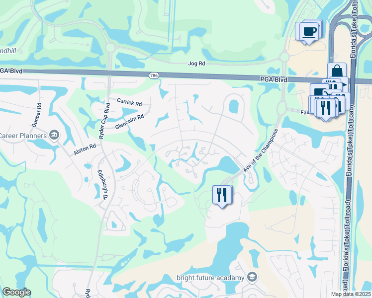 map of restaurants, bars, coffee shops, grocery stores, and more near 705 Club Drive in Palm Beach Gardens