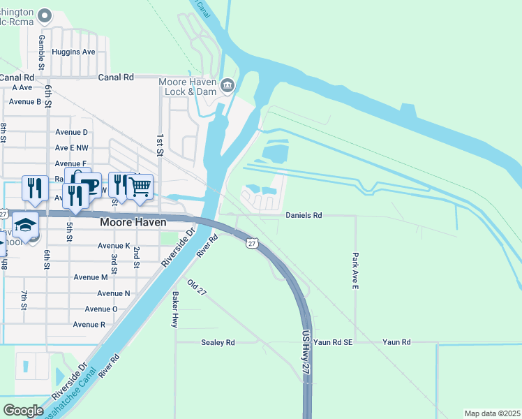 map of restaurants, bars, coffee shops, grocery stores, and more near 1159 Daniels Road in Moore Haven