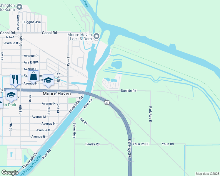 map of restaurants, bars, coffee shops, grocery stores, and more near 1159 Daniels Road in Moore Haven