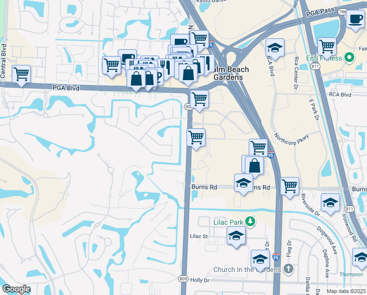 map of restaurants, bars, coffee shops, grocery stores, and more near 10693 North Military Trail in West Palm Beach