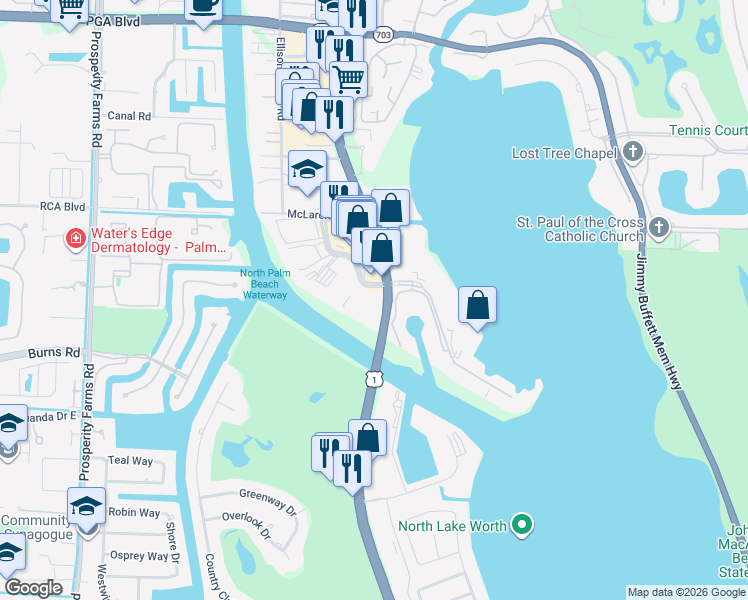 map of restaurants, bars, coffee shops, grocery stores, and more near 300 Golfview Road in North Palm Beach