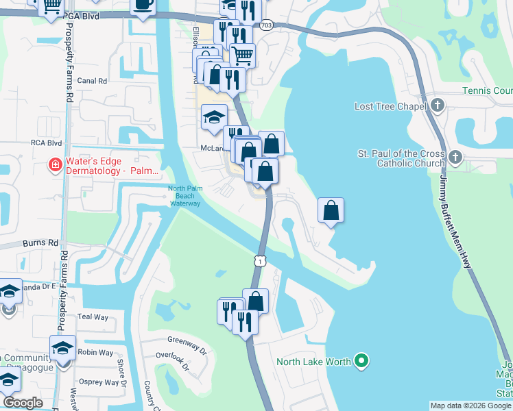 map of restaurants, bars, coffee shops, grocery stores, and more near 308 Golfview Road in North Palm Beach