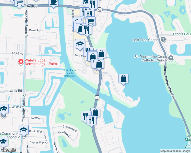 map of restaurants, bars, coffee shops, grocery stores, and more near 300 Golfview Road in North Palm Beach
