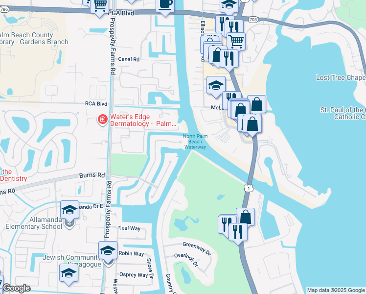 map of restaurants, bars, coffee shops, grocery stores, and more near 848 Harbour Isle Place in North Palm Beach