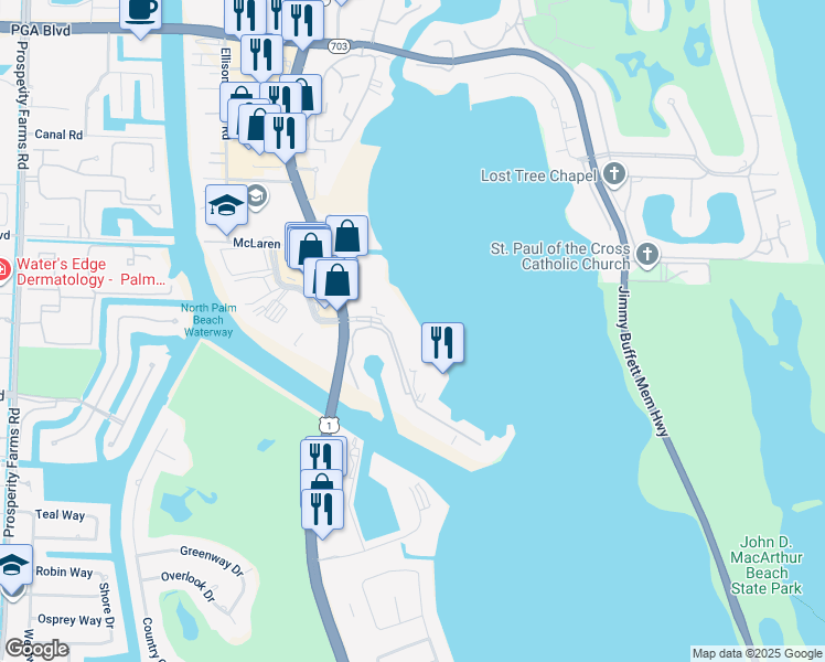 map of restaurants, bars, coffee shops, grocery stores, and more near 120 Lakeshore Drive in North Palm Beach