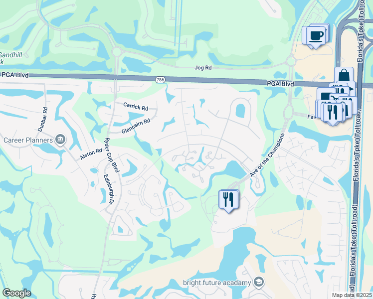 map of restaurants, bars, coffee shops, grocery stores, and more near 841 Club Drive in Palm Beach Gardens