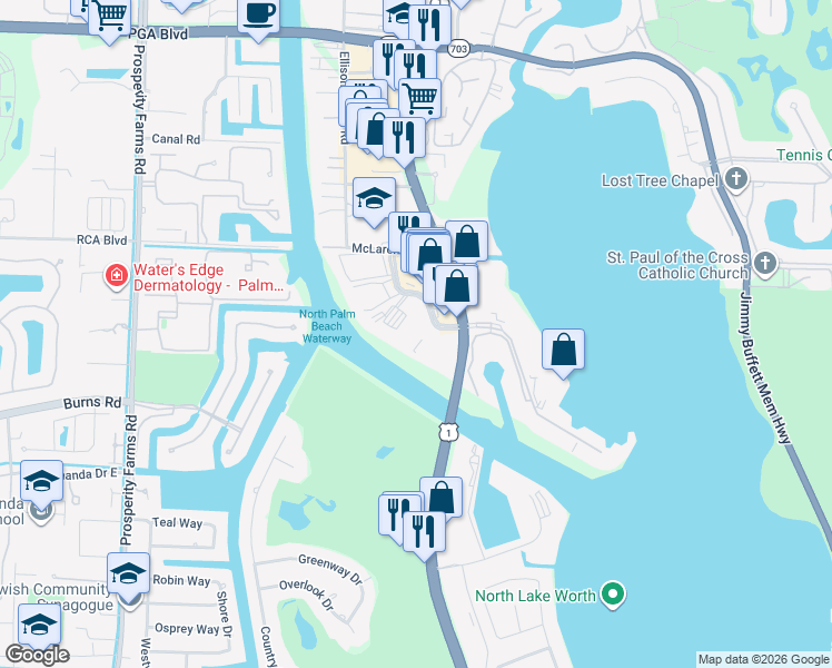 map of restaurants, bars, coffee shops, grocery stores, and more near 308 Golfview Road in North Palm Beach