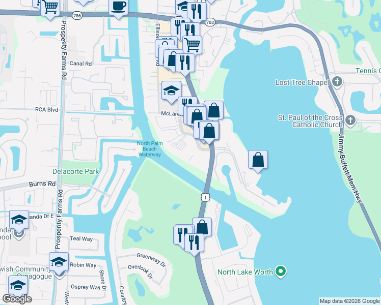 map of restaurants, bars, coffee shops, grocery stores, and more near 308 Golfview Road in North Palm Beach