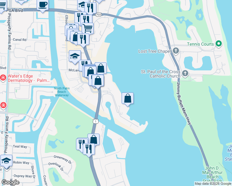 map of restaurants, bars, coffee shops, grocery stores, and more near 136 Lakeshore Drive in North Palm Beach