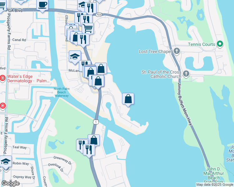 map of restaurants, bars, coffee shops, grocery stores, and more near 132 Lakeshore Drive in North Palm Beach