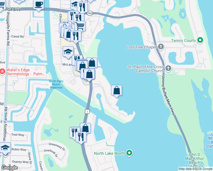 map of restaurants, bars, coffee shops, grocery stores, and more near 136 Lakeshore Drive in North Palm Beach